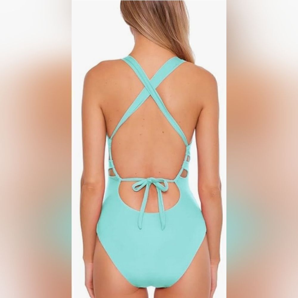 Becca Color Code Plunge One-Piece Swimsuit SZ Medium and small Powder Blue NWOT - Picture 2 of 6